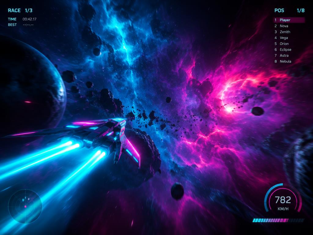 Neon spaceship racing through a nebula